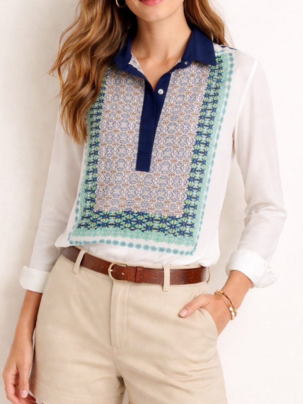 J. Crew White Long Sleeve Half Button up Floral Bandana Print Blouse size small